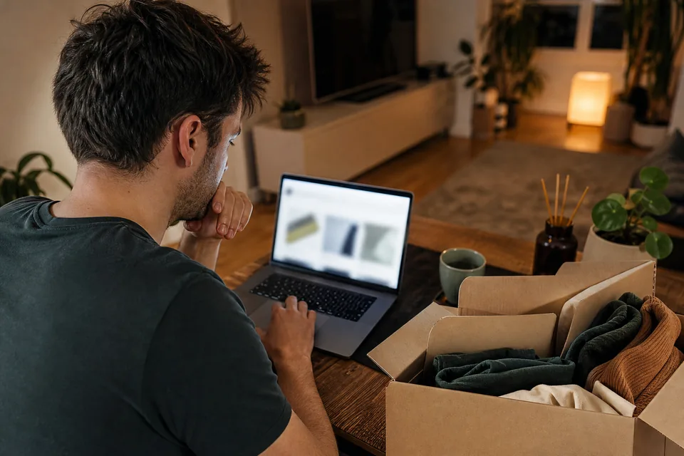 Mężczyzna przy biurku porównuje na laptopie oferty mystery boxów, obok leży otwarta paczka z ubraniami i drobnymi rzeczami