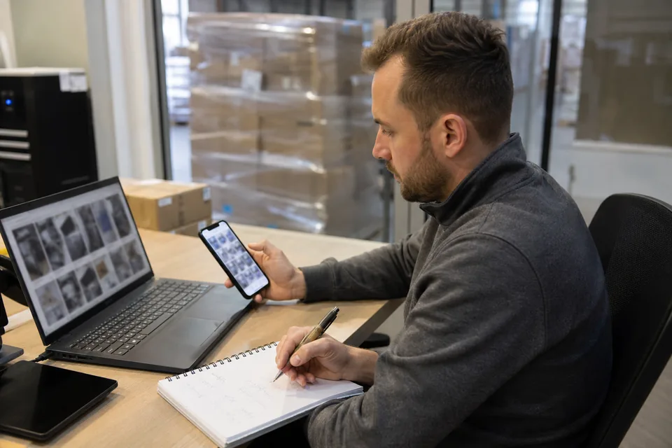 Mężczyzna porównuje ogłoszenia palet ze zwrotami na laptopie i telefonie, za szybą paleta z kartonami
